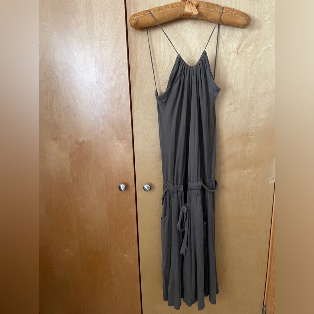 James Perse 3 army-greenish dress. Low cut. Belted. Pockets. Spaghetti straps.